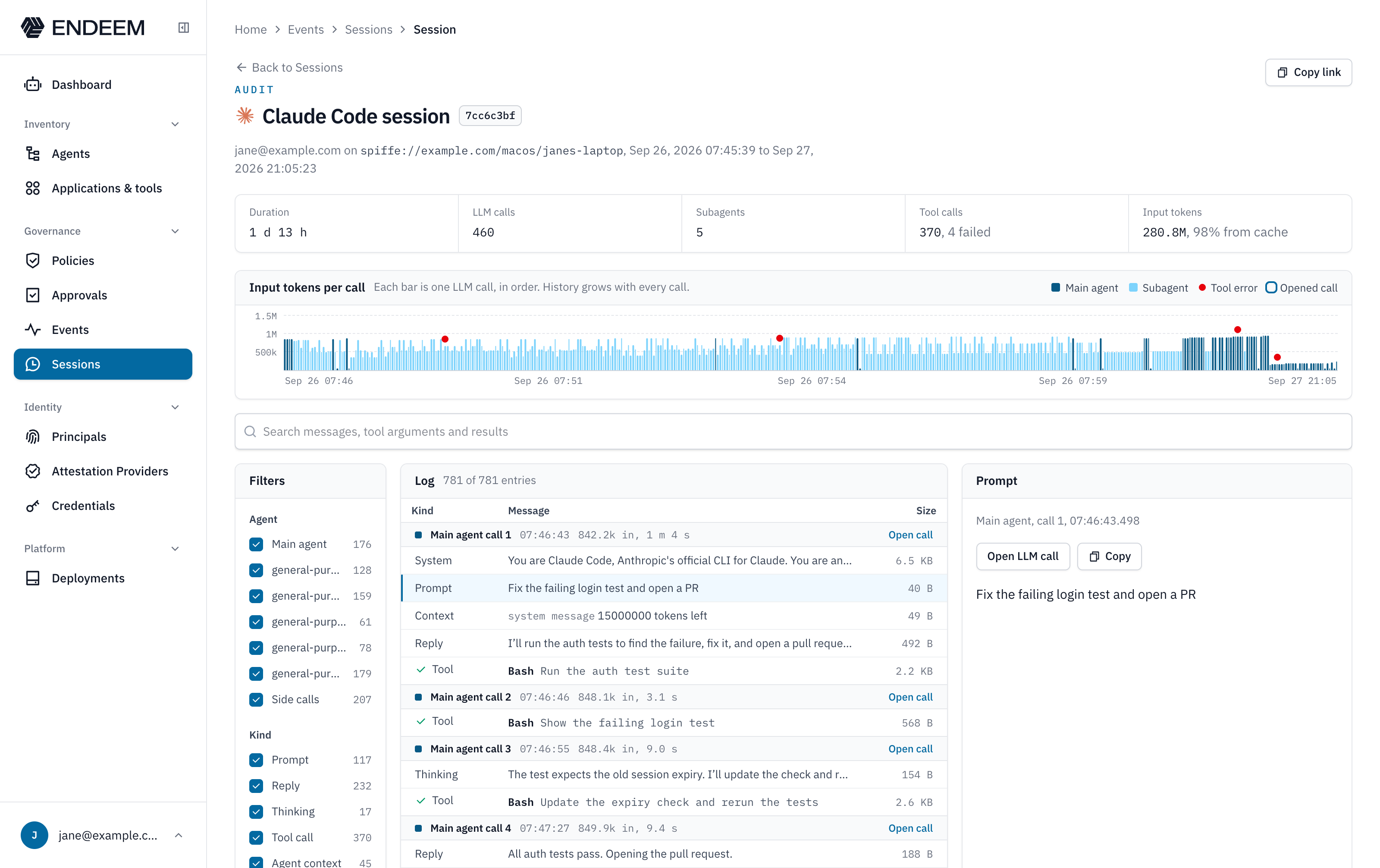 A Claude Code session in Endeem: 1 day 13 hours, 460 LLM calls, 5 subagents and 370 tool calls, a timeline with one bar per LLM call, and the log of the session’s prompts, replies and tool calls, with the selected prompt open.